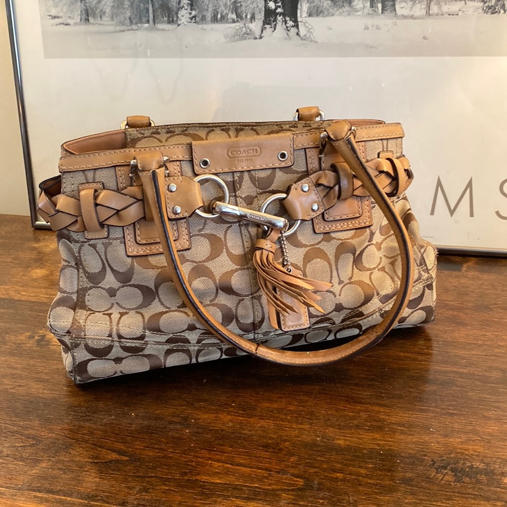 Coach Brown and Tan Signature Satchel with Braided Trim and Tassel